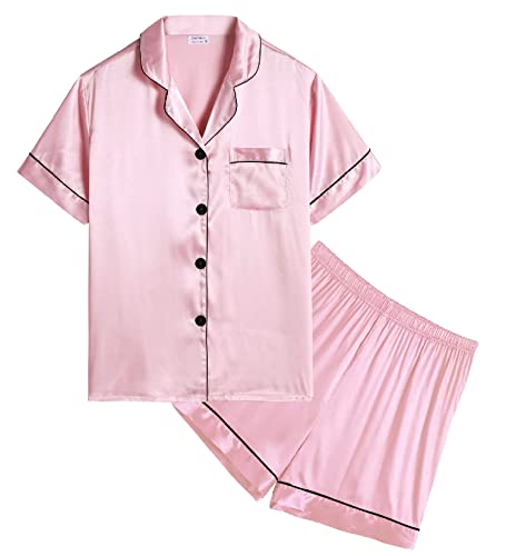 SWOMOG Kids Satin Pajamas Sets Girls Boys Button-Down Pjs Short Sleeve Silk Nightwear 2 Piece Lounge Sets