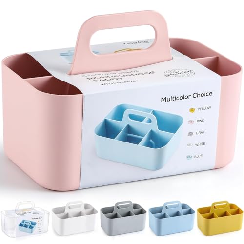 Multiuse Caddy Organizer with Handle Portable Divided Plastic Tote Bin - Art Craft Stationary Pen Marker Crayons Makeup Hair Supplies Storage - Bathroom Classroom Dorm Office Desk Holder - Pink