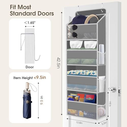 SpaceHacks 1 Pack Over The Door Organizer, Hanging Storage Organizer with Clear Window, 40lb Ultra Sturdy Large Capacity Room Organizer for Pantry Laundry Bathroom Nursery Closet Baby Essential (Grey)