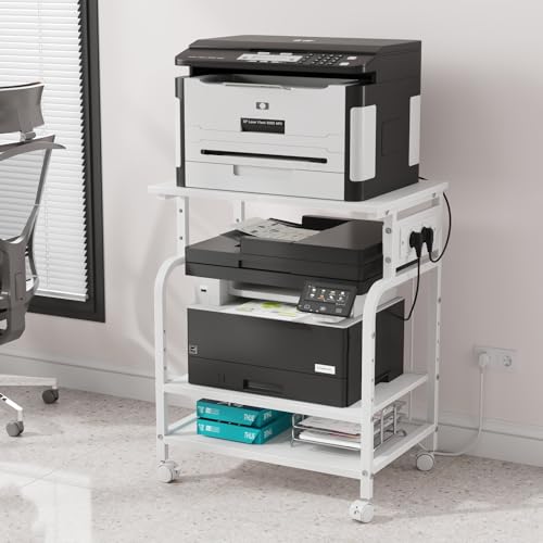 OYRREU 3-stufiger Druckertisch mit Steckdose und USB-Anschlüssen, verstellbare Einlegeböden, rollender Druckerständer für das Heimbüro, 3D-/Laserdrucker, Heißpresse (Weiß)