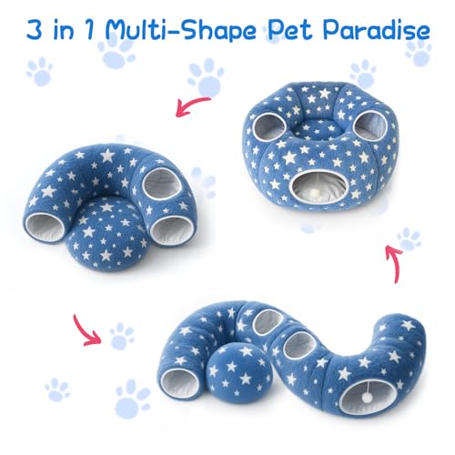 Image of Cycodo Indoor Cat Tunnel Bed,Shape-Shifting Pet Cave with Circle Cushion,Luminescent Donut Tunnel Toy for Kitten /Puppy /Rabbit (Starry Blue)