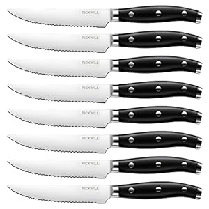 Steak Knives Set of 8, Serrated Classic Steak Knife Set, High Carbon Stainless Steel Kitchen Steak Knives with Full Tang Handle, 4.5 Inch Dinner Knives with Gift Box, Black