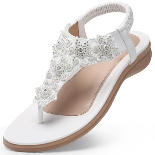Image of TEMOFON Sandals for Women Flats Dressy Summer Open Toe Sandals Comfortable Casual Woman Footwear Beach Flip Flops White Size 10.5