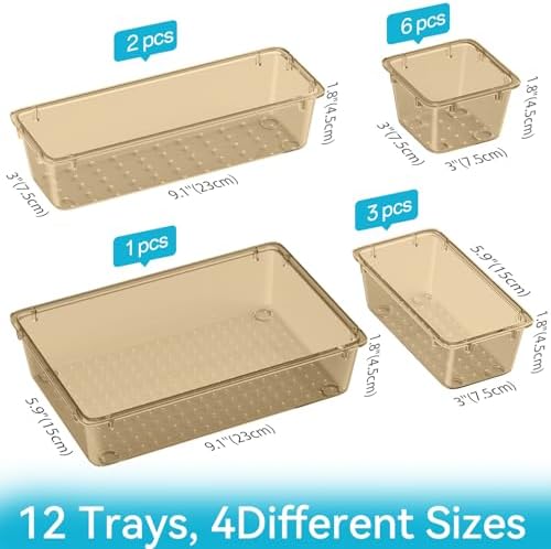 12 PCS Drawer Organizer Set, Makeup Organizers, Champagne - 3