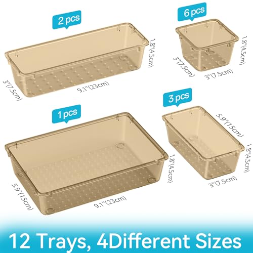 ElegantArray 12 PCS Drawer Organizer Set, 4 Sizes Tool Storage Trays, Clear Plastic Makeup Vanity Organizer and Storage Bins for Stationeries, Multiple Gadgets for Office, Bedroom, Champagne thumbnail 4