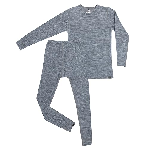 MERINNOVATION Merino Wool Base Layer Set for Kids Long Sleeve Thermal Underwear for Boys Girls Lite - Midweight Top & Bottom, Girl - Grey Marle, 7-8 Years
