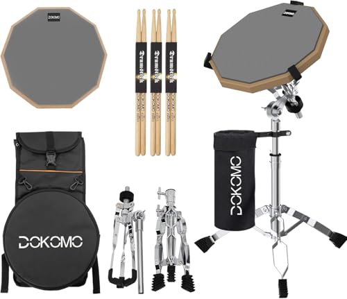 Drum Practice Pad with Snare Drum Stand Set, 12-Inch Double Sided Silent Practice Pad Kit with Drum Sticks, Drumstick Holder, Luminous Carrying Bag, Gray (Fits 8''-15'' Drums)