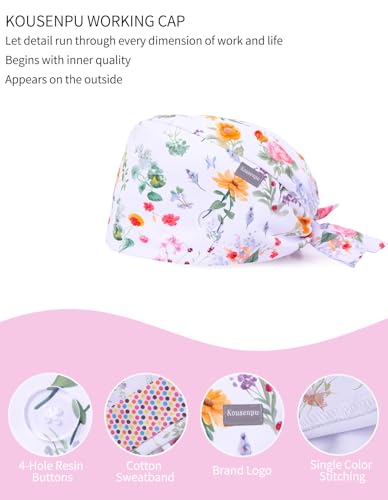 Image of Kousenpu Scrub Caps for Women, Adjustable Women's Surgical Cap with Buttons, Breathable Cute Design for Nurses and Doctors