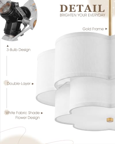 Image of 18 inch Gold Fabric Drum Chandelier, 3-Light Dining Room Light Fixture