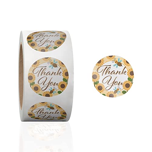 1.5 Inch Round 500 Count Sunflower and Bees Perforated Roll Stickers - Thank You Labels for Favors -...