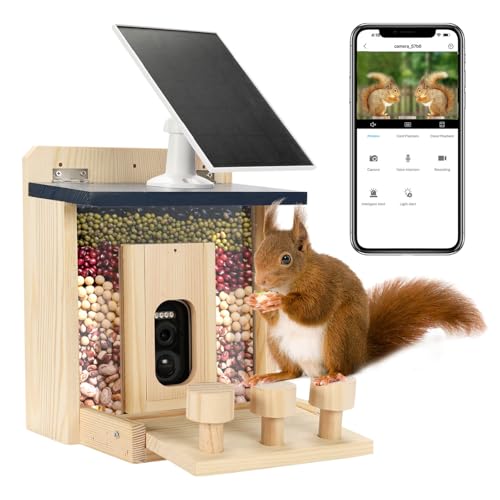 Wooden Squirrel Feeder with HD Camera Solar-Powered Outdoor Squirrel Bar Real-Time View Instant Notifications Durable & Sturdy for Squirrel Lovers