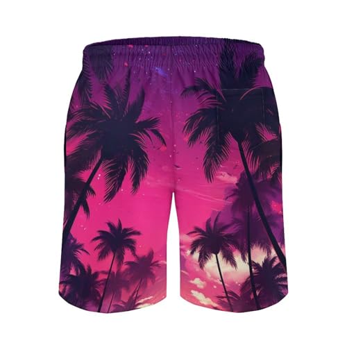 Men Hawaiian Swimsuits Drawstring Elastic Waist Swim Trunks Palm Pattern Beach Board Shorts4