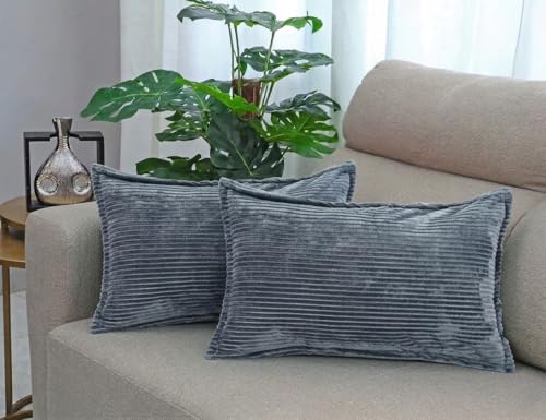Image of RD TREND Corduroy Cushion Cover Set of 2, Striped Double Sided Decorative Throw Pillowcases for Sofa, Bed & Living Room Rectangular Long Cushion Covers 18x28 inches | Grey