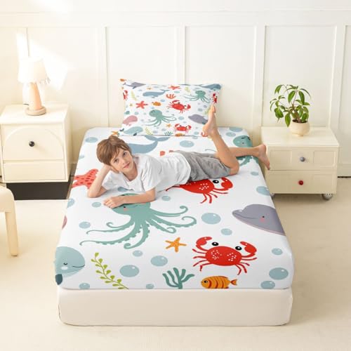 Image of jejeloiu Dolphin Bed Sheets Sets Twin Size Kids Boys Girls Jellyfish Crab Starfish Bedding Set Ocean Bed Sheet Set with 16-Inch Deep Pockets 3Pcs with 1 Pillow Cases