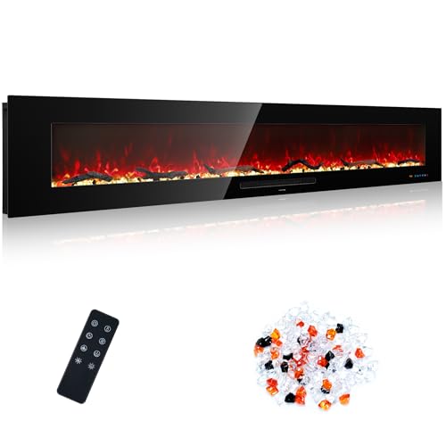 Oxhark Flame 84 inch Recessed and Wall Mounted Realistic Electric Fireplace with Multicolor Flame, 750/1500W Thermostat & Timer, Touch Screen & Remote Control, Black
