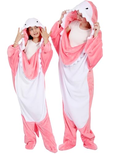 BEVITA Shark Blanket Hoodie Kids shark Wearable Blanket Gifts for Girls Onesie, pink shark, 140
