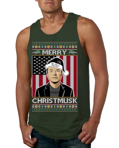 Merry Christmusk Funny Dark Santa Elon Doge Meme Crypto Dogecoin America First USA Republican Ugly Christmas Mens Tank Top, Forest Green, Large