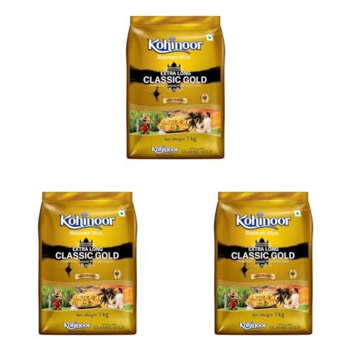 Image of Kohinoor Classic Gold Basmati Rice, 1 kg | Naturally Aged for 2 Years | Premium Aromatic Long-Grain Basmati | Perfect for Biryani & Special Meals (Pack of 3)
