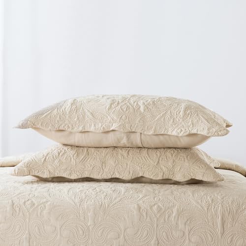 HoneiLife Bedspread Quilt Set King - 3 Piece Embroidered Microfiber Bedspreads Reversible Coverlet Lightweight Bedcover Paisley Pattern Bedding Set All Season Quilts-Beige