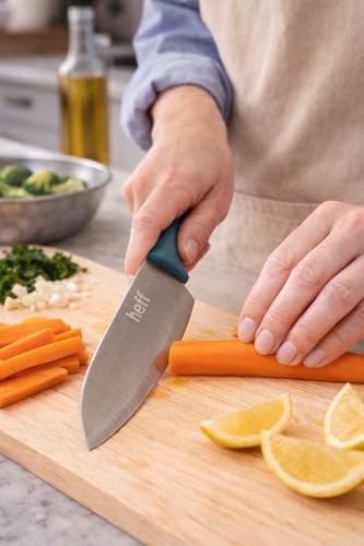 Image of Heff Santoku, Japanese Chef Kitchen Knife, Premium Stainless Steel Blade, Teal Handle, 7 Inch Blade