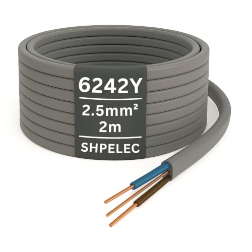 SHPELEC 6242YH Twin and Earth Cable - 2.5mm 2m | Electrical Mains Socket Ring Wire BASEC Approved - Multiple Lengths (2 metres - 2.5mm Twin and Earth Cable)
