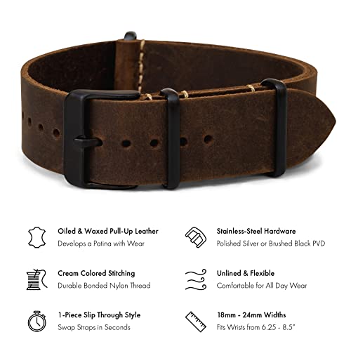 Benchmark Basics Leather Watch Band - Crazy Horse Oiled Leather One-Piece Watch Straps For Men & Women - Choice Of Color & Width - 18Mm, 20Mm, 22Mm Or 24Mm (20Mm, Dark Brown Pvd) #TOP1
