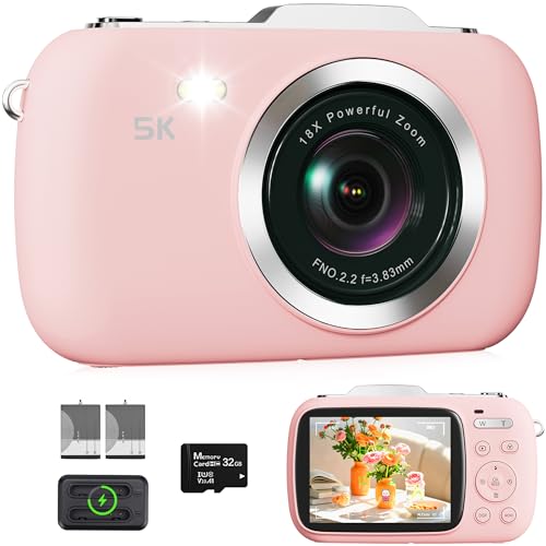 Digital Camera, 5K Vlogging Camera for Photography, 80MP Autofocus Point and Shoot Digital Camera for Beginner Teens Kids, 18X Zoom Portable Compact Travel Camera, Flash, 32GB Card & 2 Batteries(Pink)