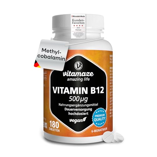 Vitamin B12 hochdosiert und vegan, Methylcobalamin, 500 mcg 180 Tabletten für 6 Monate Dauerversorgung, Natürliche Nahrungsergänzung ohne Zusatzstoffe, Made in Germany