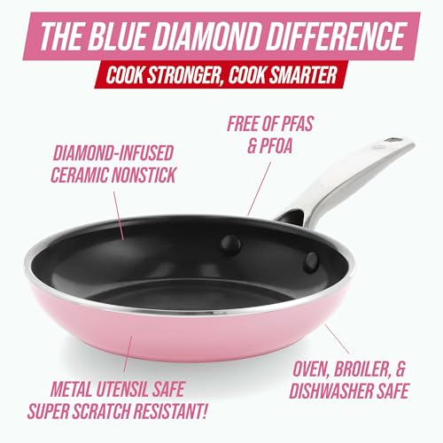 Image of Blue Diamond 8 inch Nonstick Frying Pan Skillet, Ceramic Diamond Infused PFAS-Free, Dishwasher & Oven Safe, Stay Cool Handle, Durable Non Toxic Metal Utensil Safe, Egg & Omelet Pan, Pink
