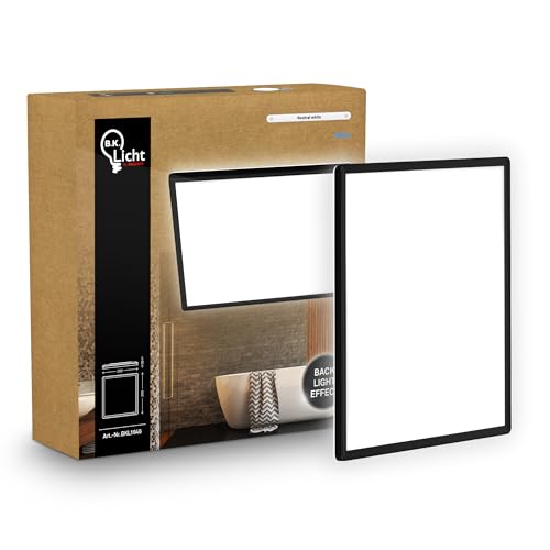 B.K.Licht - LED Deckenlampe mit indirektem Licht, Flach, Neutralweißes Licht, IP44, Panel, LED Lampe, Deckenleuchte, Badezimmer Lampe, Wohnzimmerlampe, Küchenlampe, 29x29x3 cm, Schwarz