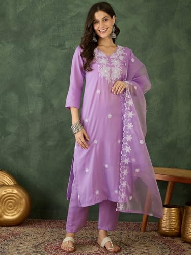 Image of Naixa Women's Rayon Embroidered Straight Kurta with Pant and Dupatta Sets (NX-740)