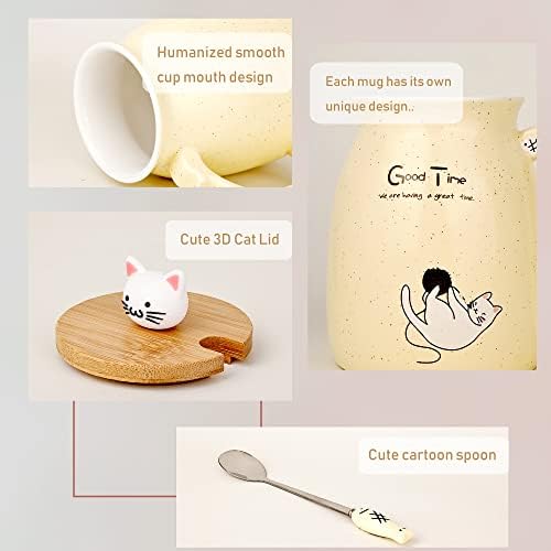 SHENDONG Cat Mug Cute Ceramic Coffee Cup with Kawaii Cat Wooden Lid and Lovely Stainless Steel Spoon Novelty Morning Cup Coffee Milk Tea Mugs - 3D Animal Cat Mugs for Cat Lovers Women Gifts(Yellow)