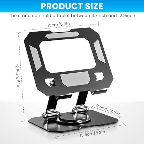 Image of ZIBUYU Universal Metal Phone & Tablet Stand Holder - Foldable & Adjustable 360 with Cooling Base for iPhone, Samsung, iPad (4.9-12.9 inch) Portable Desk Stand for Office, Study & Home Use, Black