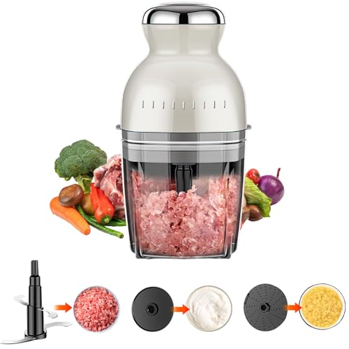Hachoir électrique, 3 en 1 Mini hachoir à viande pour Légumes, Fruits & Viandes, 1000ml 250W, 4 lames, Multi Mixeur, Hachoirs, Broyeur à Boue, Batteur à œufs, 5 Accessoires (Beige)
