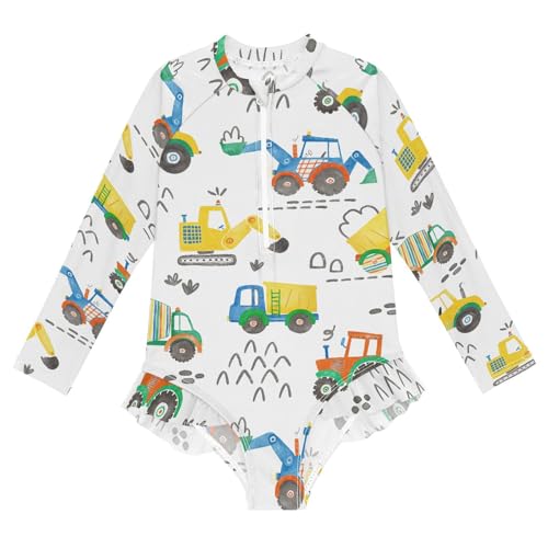 Ollabaky Baby Girls Long Sleeve Swimsuit Concrete Mixer Dump Truck Excavator Tractor One Piece Bathing Suit Rash Guard UPF50+ Toddler Girl Swimwear, 3T Multi