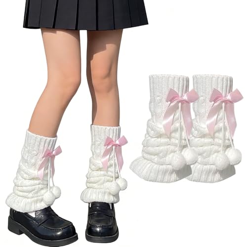 XETHI Calentadores de piernas blancos Harajuku Kawaii | Calentadores de tobillo con lazo rosa | Calentadores de punto acanalados para mujeres y niñas | Calentador de piernas moderno y versátil