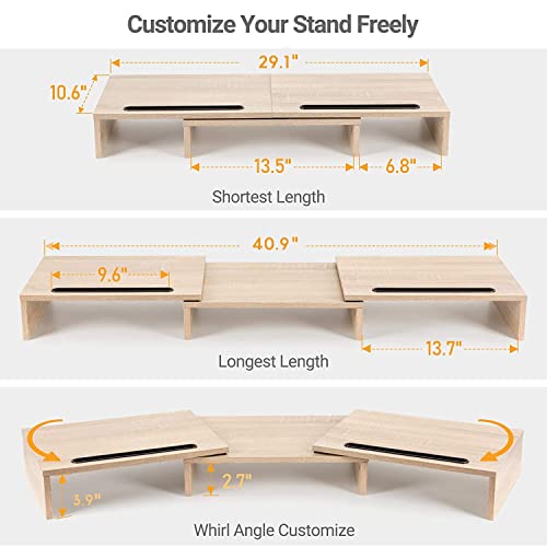 AMERIERGO-Dual-Monitor-Stand-Adjustable-Length-and-Angle-Dual-Monitor-Riser-Computer-Monitor-Stand-w2-Slot-Desktop-Organizer-Monitor-Stand-Riser-for-PC-Computer-Laptop-Wood