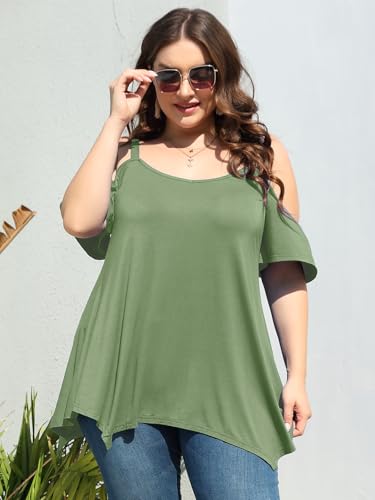 Image of LARACE Cold Shoulder Tops for Womens Summer Clothes Spaghetti Strape Tunic Oversized Shirts Asymmetrical Plus Size Blouse