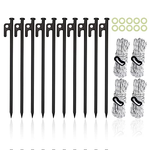 Camping Tent Spikes Sets 12 Pcs Metal Tent Stakes Heavy Duty 12 Inch for Outdoor Camping Canopy and Tarp with 4 Ropes 13ft Length