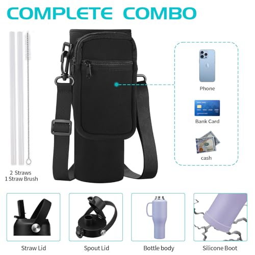 Image of 40 oz Tumbler with Handle, Insulated Water Bottle with Straw - Auto Spout Lid, Carrier Pouch, Purple Metal Thermal Hydro Travel Coffee Mug Flask for Car Cup Holder, Keep Cold 48H Hot 24H