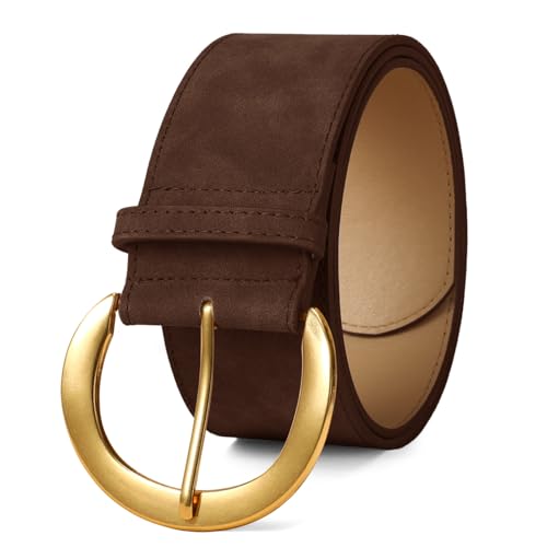 WHIPPY Women Wide Faux Suede Belt for Jeans Dress Chunky Fashion Suede Belt Ladies Wide Belt with Gold BuckleCoffee,M: Fit waist 27"-31"