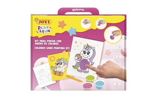 Jovi - Play & Fun - Conjunto para pintar com areia colorida, 8 frascos de areia e lâminas para pintar unicórnios, presentes e artesanato para meninas e meninos a partir dos 4 anos (2105)