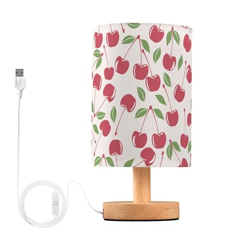 YYZZH Table Lamp Vintage Cherry Pattern on Pink Nightstand Lamp with Wood Base Fabric Lamp Shade Bedside Desk Lamp for Living Room Bedroom Kids Room Office