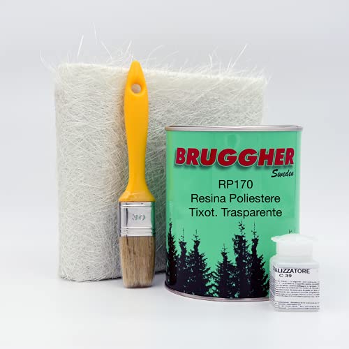 KIT VETRORESINA POLIESTERE 1KG PER RIPARAZIONE AUTO, CARROZZERIA, NAUTICA CON FIBRA DI VETRO PENNELLO E CATALIZZATORE.