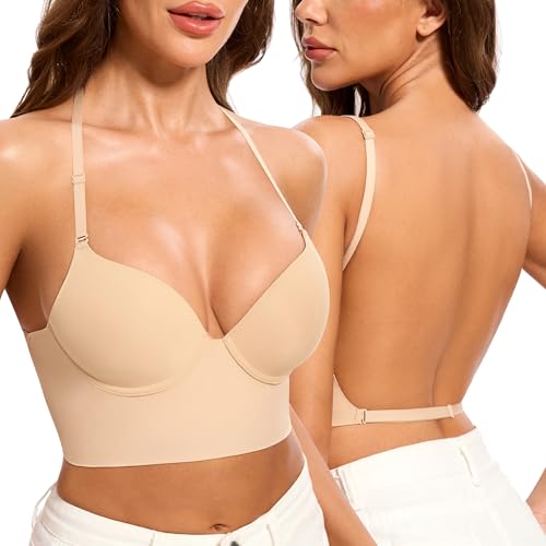 Low Back Bra for Women-Seamless Invisiable Backless Bras-Lightly Lined Open Back Halter Multiway Low Cut Bra