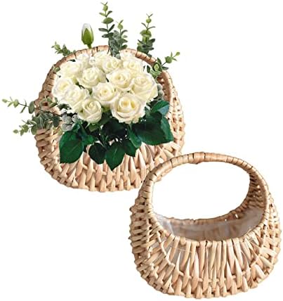 ZCFGUOI 2 PCS Handwoven Flower Baskets, Flower Basket Woven Rattan Basket, Half Moon Willow Flower Arrangement Basket with Handle Sturdy for Home Decor Wedding, Brown