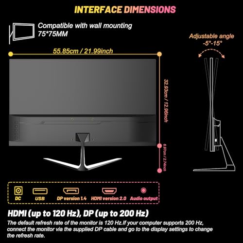 Monitor 24.5 Pollici 200hz, Monitor Gaming 24.5 Pollici, Schermo PC 24 Pollici, FHD 1080p, IPS, 100% sRGB, DP/HDMI, 1 ms, Montaggio a Parete - Nero - Monitor - Immagine 6