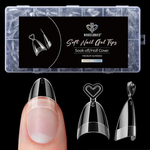 Image of Modelones Medium Almond Gel Nail Tips, 510Pcs Half Cover Fake Press on Nails Tips Pre-Etched Clear Natural Fit Acrylic Gel False Nails for Extension DIY Salon 15Sizes