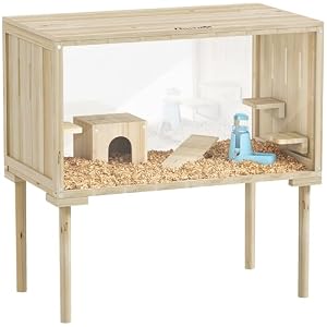 PawHut Wooden Hamster Cage with Legs, Gerbil Cage with Seesaw, Hut, Water Bottle & Food Dish, Hamster Habitat for Syrian, Dwarf, Mouse, 28″ x 16″ x 29.5″, Nature Wood
