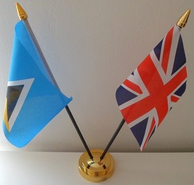St Saint Lucia Lucian Union Jack 2 Flag Friendship Table Display With Gold Base